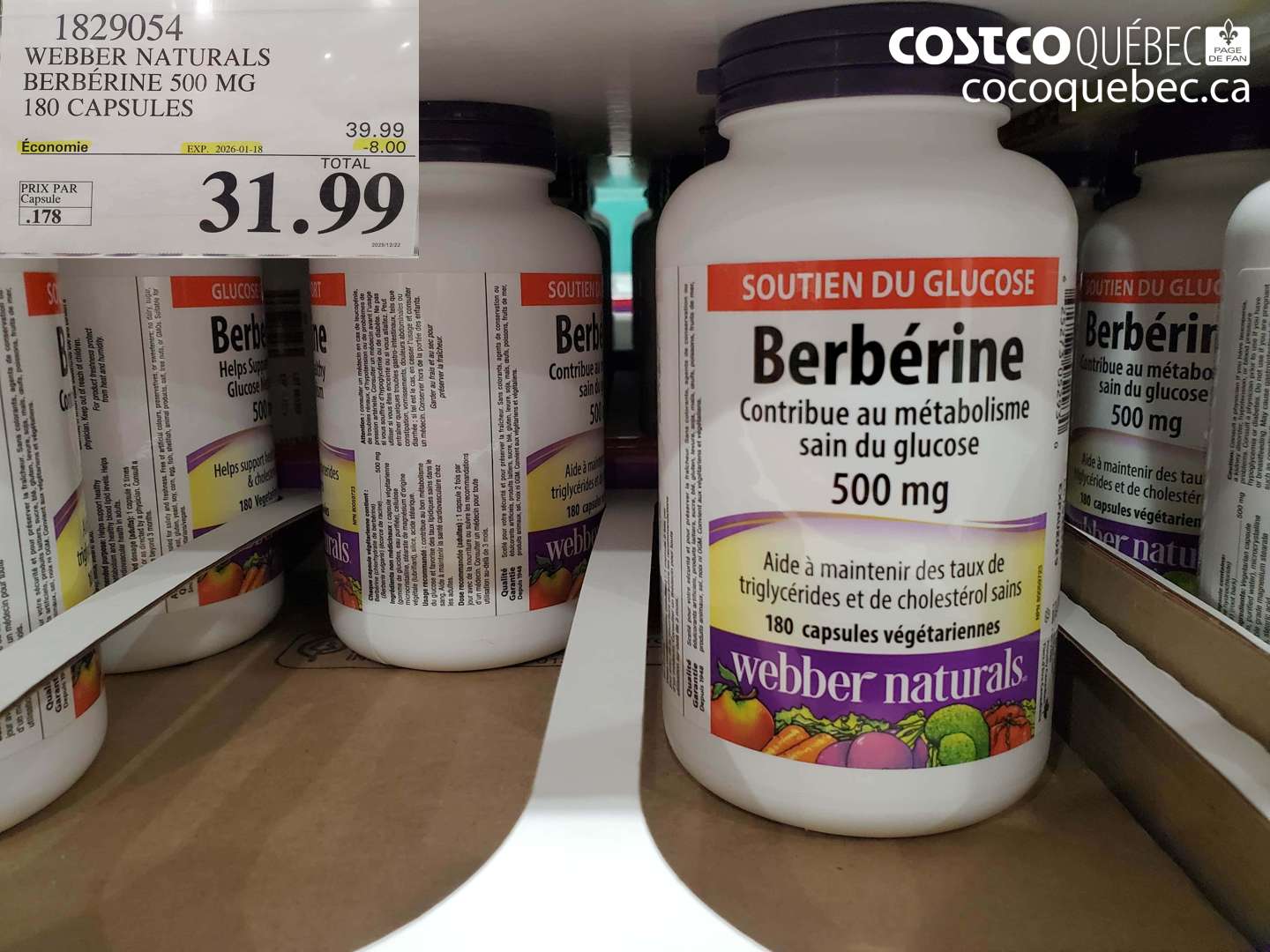 1829054 WEBBER NATURALS BERBÉRINE 500 MG 180 CAPSULES ($8.00 INSTANT SAVINGS EXPIRES ON 2026-01-18) $31.99