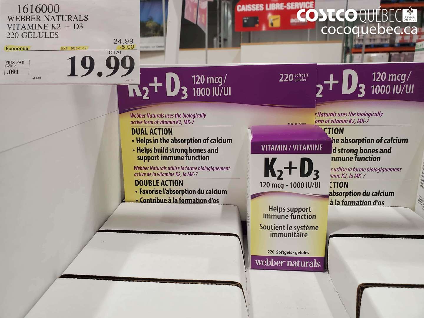 1616000 WEBBER NATURALS VITAMINE K2+D3 220 GELULE  ($5.00 INSTANT SAVINGS EXPIRES ON 2024-01-18) $19.99