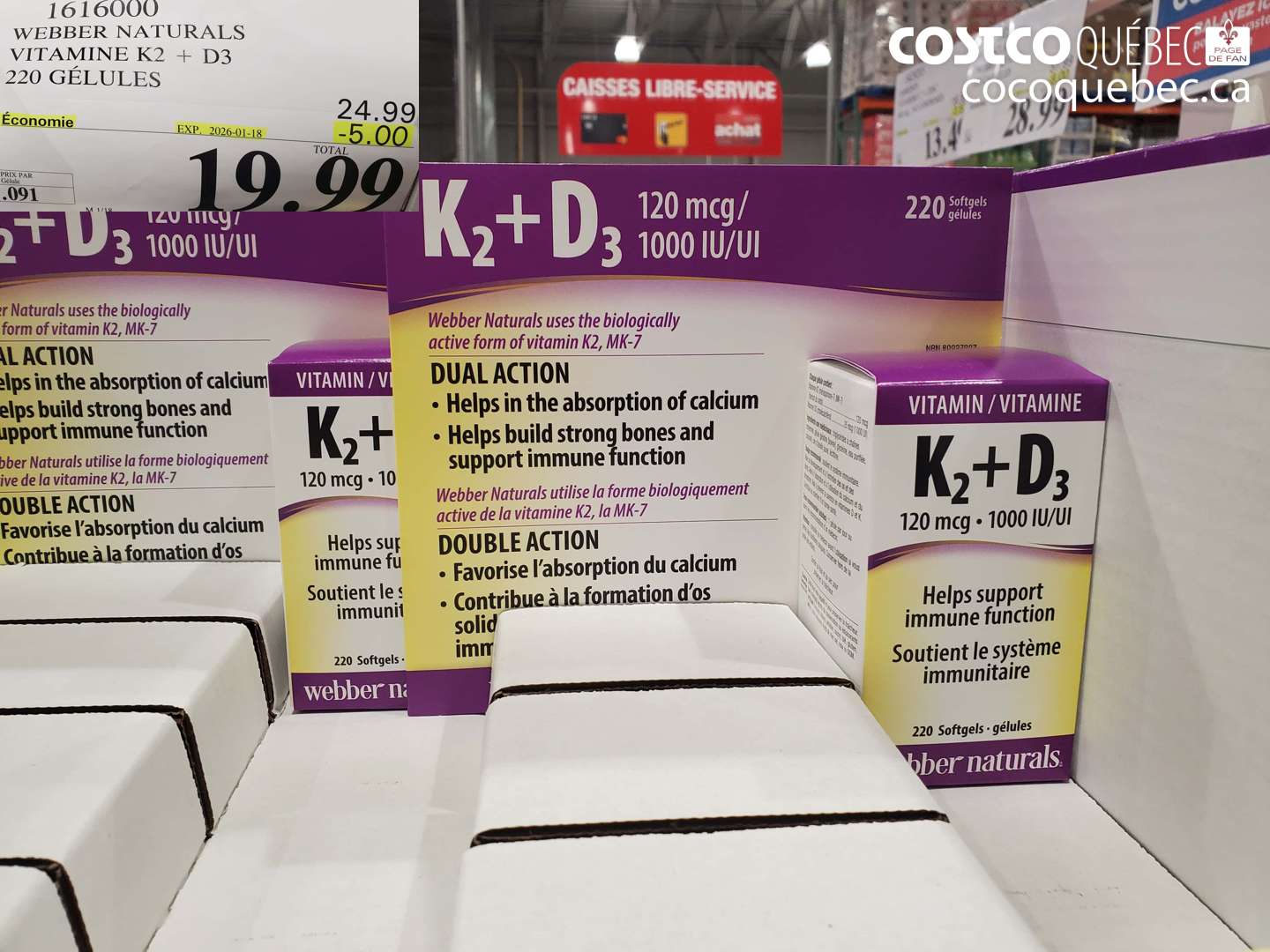 1616000 WEBBER NATURALS VITAMINE K2+D3 220 GELULE  ($5.00 INSTANT SAVINGS EXPIRES ON 2024-01-18) $19.99
