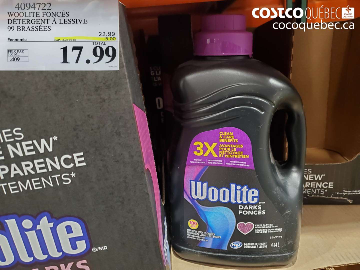4094722 WOOLITE FONCÉS DÉTERGENT À LESSIVE 99 BRASSÉES ($5.00 INSTANT SAVINGS EXPIRES ON 2026-01-18) $17.99