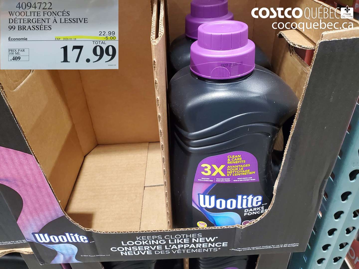 4094722 WOOLITE FONCÉS DÉTERGENT À LESSIVE 99 BRASSÉES ($5.00 INSTANT SAVINGS EXPIRES ON 2026-01-18) $17.99