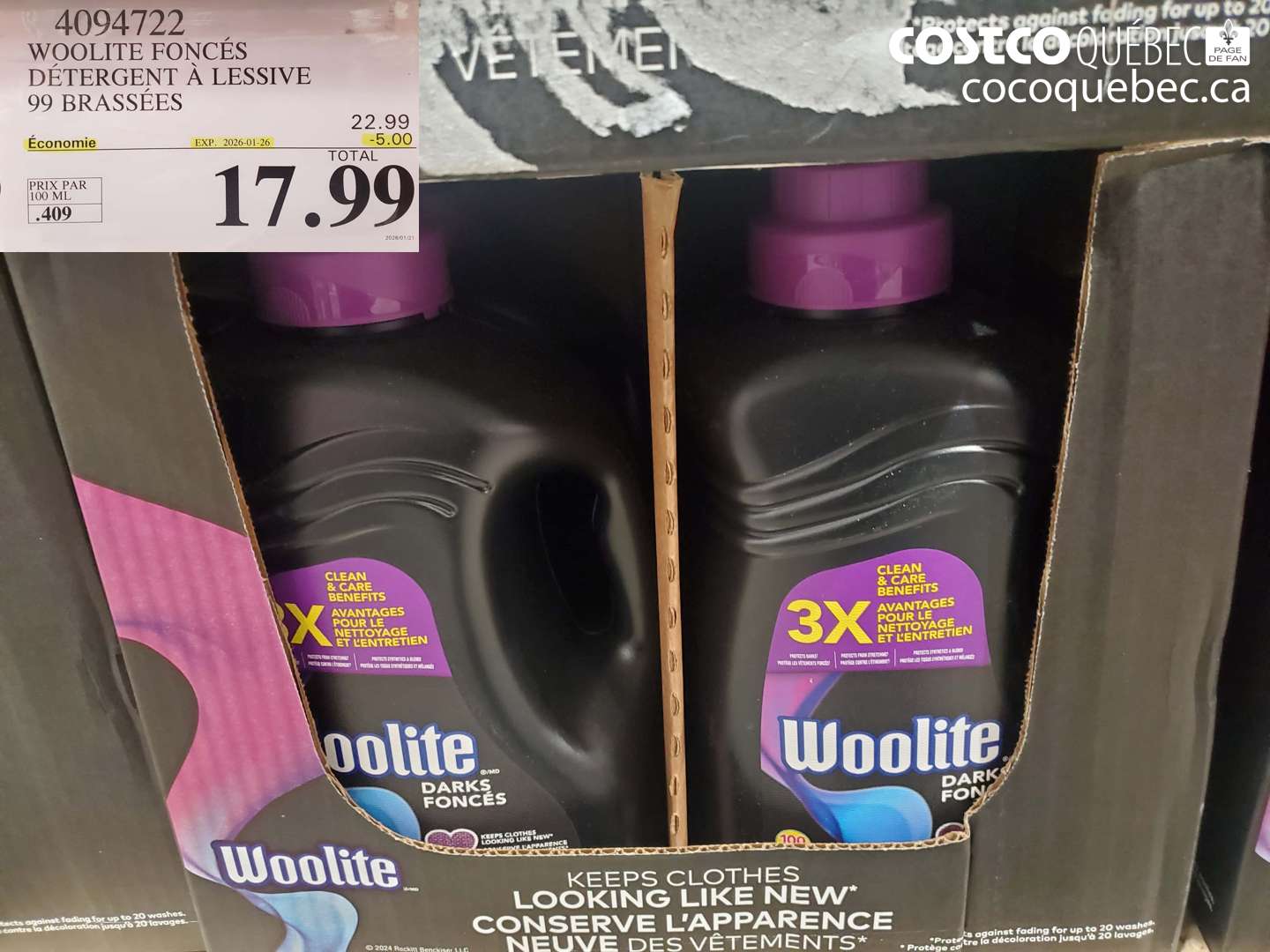 4094722 WOOLITE FONCÉS DÉTERGENT À LESSIVE 99 BRASSÉES ($5.00 INSTANT SAVINGS EXPIRES ON 2026-01-26) $17.99