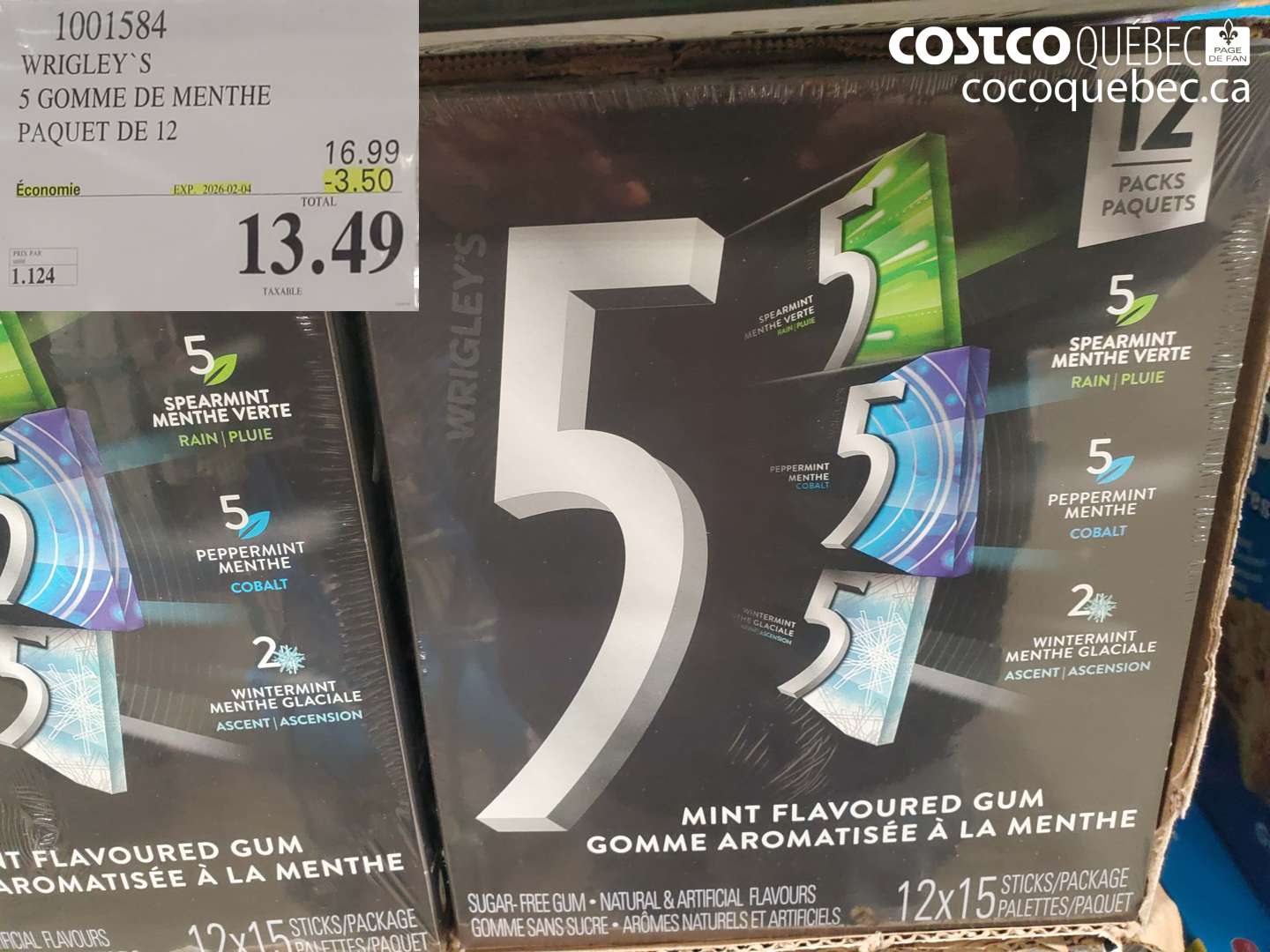 1001584 WRIGLEY'S 5 GOMME DE MENTHE PAQUET DE 12 ($3.50 INSTANT SAVINGS EXPIRES ON 2026-02-04) $13.49