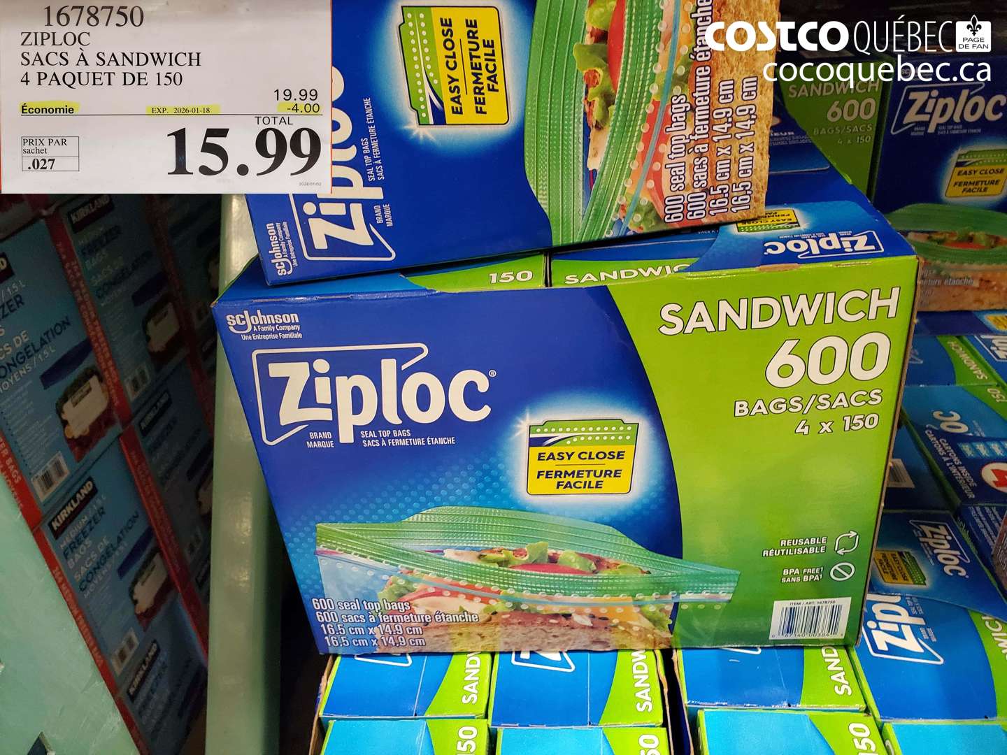 1678750 ZIPLOC SACS A SANDWICH 4 PAQUET DE 150  ($4.00 INSTANT SAVINGS EXPIRES ON 2026-01-18) $15.99
