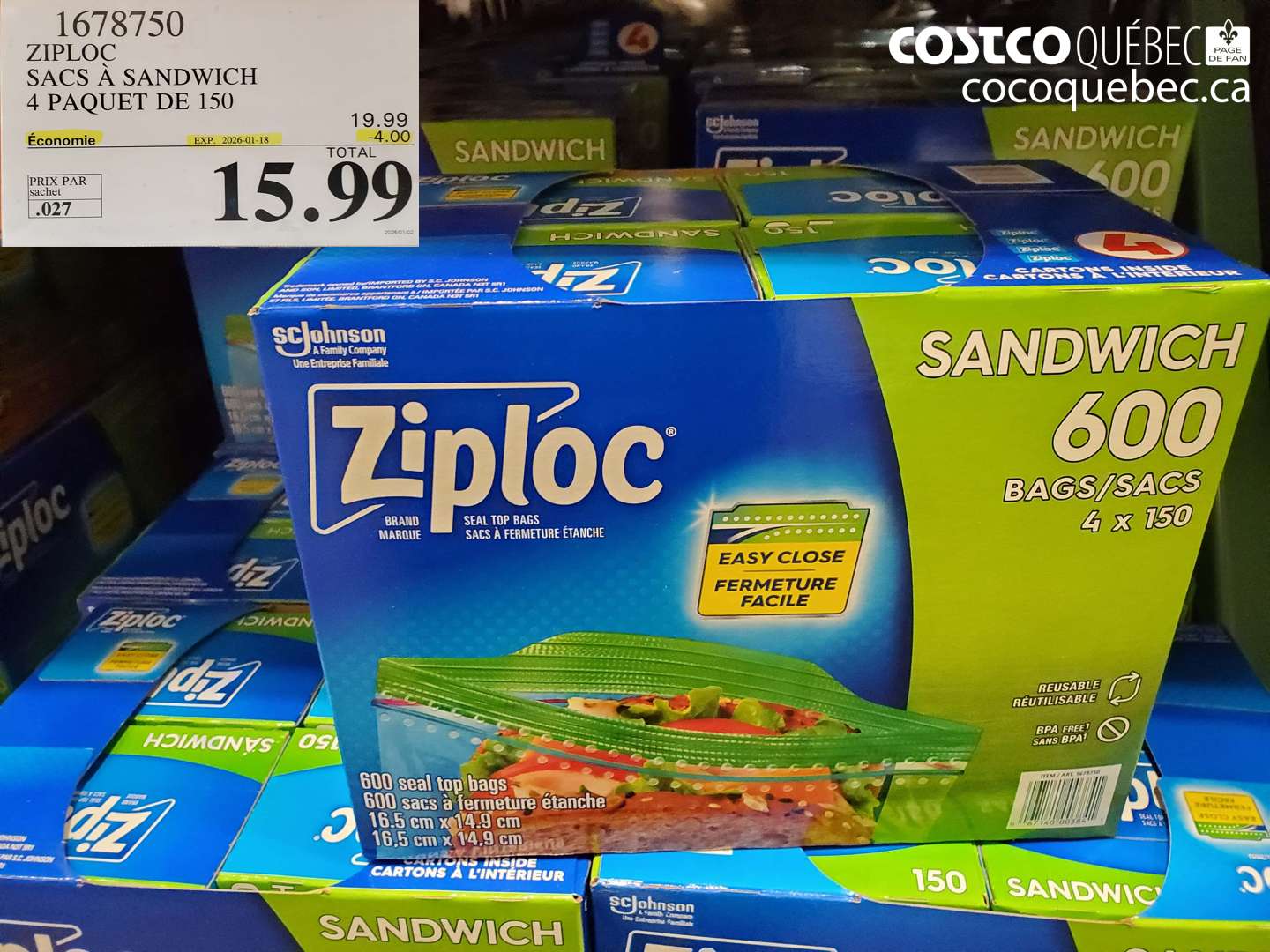 1678750 ZIPLOC SACS A SANDWICH 4 PAQUET DE 150  ($4.00 INSTANT SAVINGS EXPIRES ON 2026-01-18) $15.99