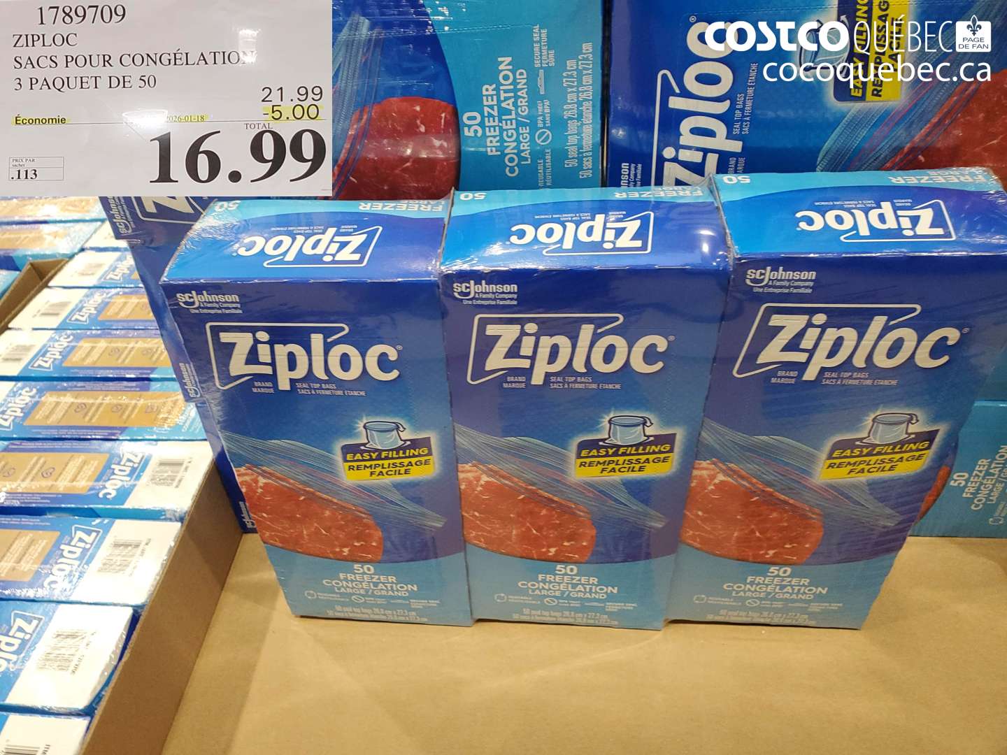 1789709 ZIPLOC SACS POUR CONGELATION 3 PAQUET DE 50 ($5.00 INSTANT SAVINGS EXPIRES ON 2026-01-18) $16.99