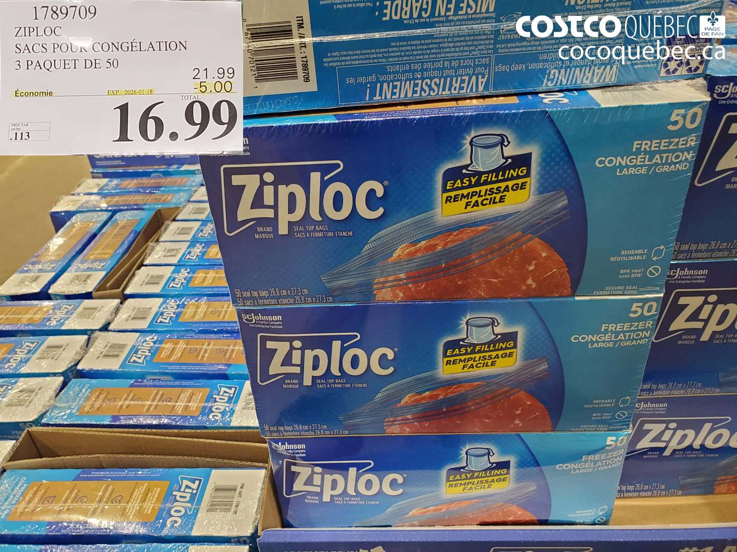 1789709 ZIPLOC SACS POUR CONGELATION 3 PAQUET DE 50 ($5.00 INSTANT SAVINGS EXPIRES ON 2026-01-18) $16.99