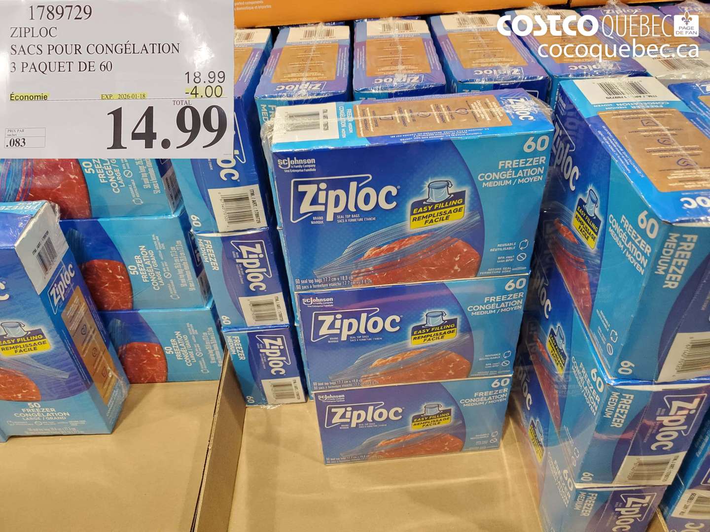 1789729 ZIPLOC SACS POUR CONGELATION 3 PAQUET DE 60 ($4.00 INSTANT SAVINGS EXPIRES ON 2026-01-18) $14.99
