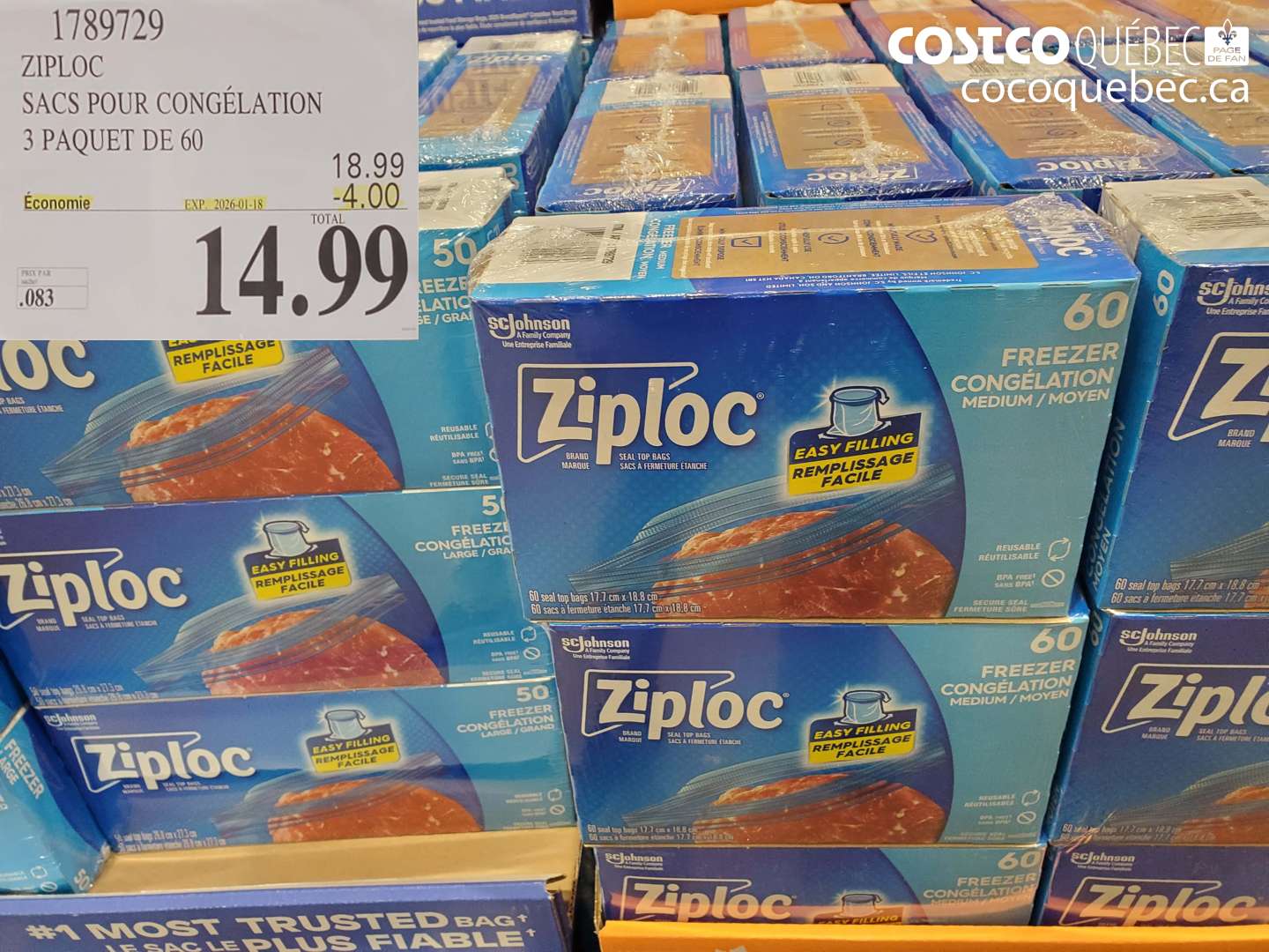 1789729 ZIPLOC SACS POUR CONGELATION 3 PAQUET DE 60 ($4.00 INSTANT SAVINGS EXPIRES ON 2026-01-18) $14.99