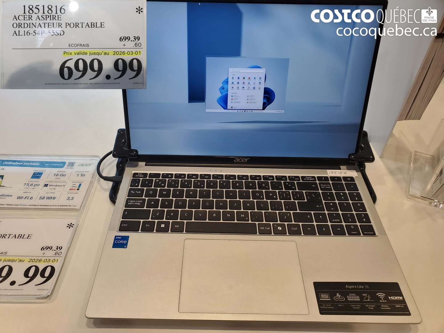 1851816 ACER ASPIRE ORDINATEUR PORTABLE AL16-54P-55SD (EXPIRES ON 2026-03-01) $699.99