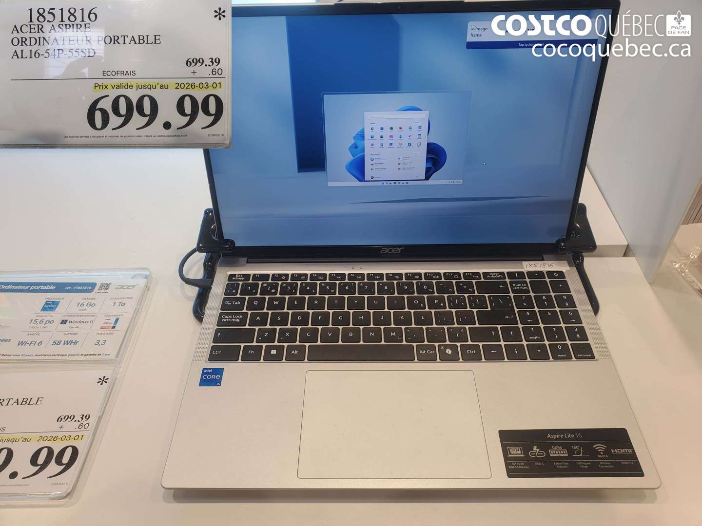 1851816 ACER ASPIRE ORDINATEUR PORTABLE AL16-54P-55SD (EXPIRES ON 2026-03-01) $699.99