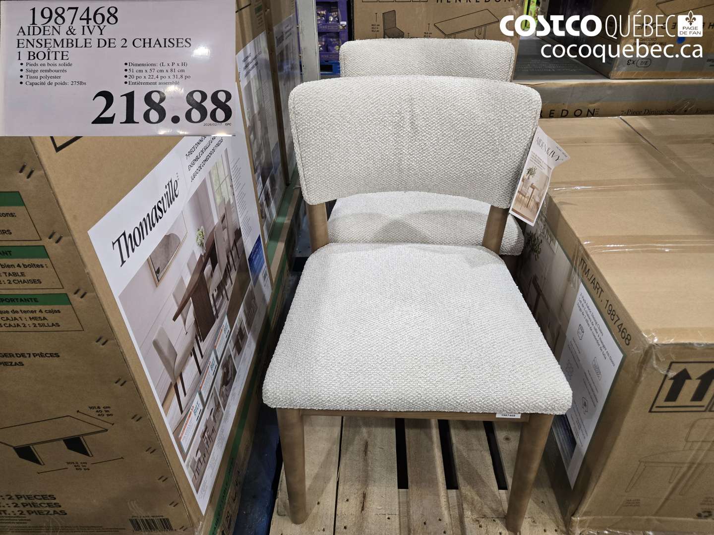 1987468 AIDEN & IVY ENSEMBLE DE 2 CHAISES 1 BOÎTE $218.88