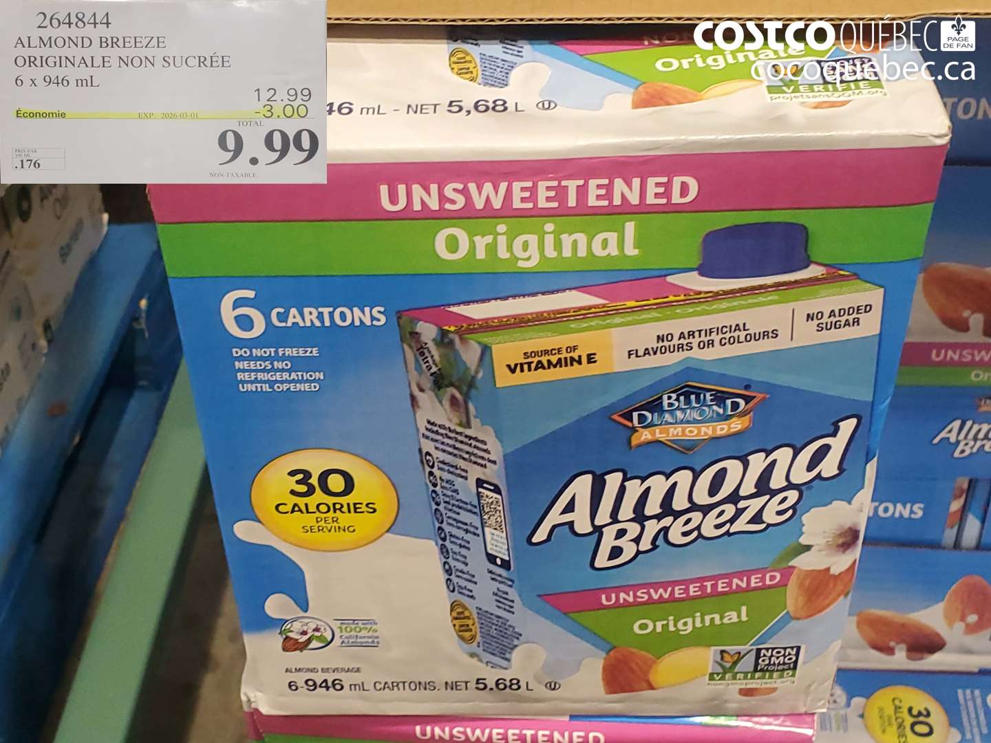 264844 ALMOND BREEZE ORIGINALE NON SUCRÉE 6 X 946 ML ($3.00 INSTANT SAVINGS EXPIRES ON 2026-03-01) $9.99