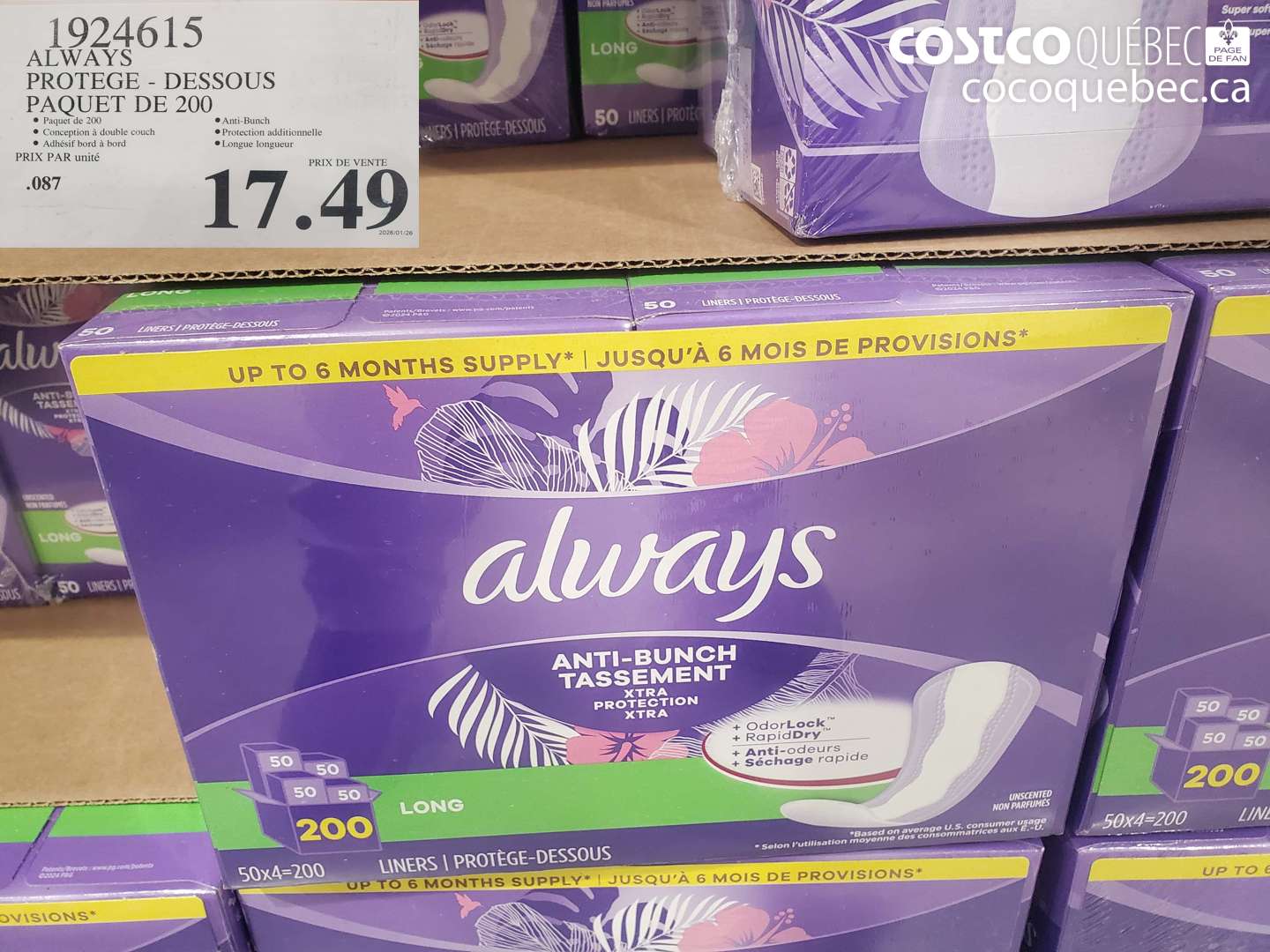 1924615 ALWAYS PROTEGE - DESSOUS PAQUET DE 200 $17.49