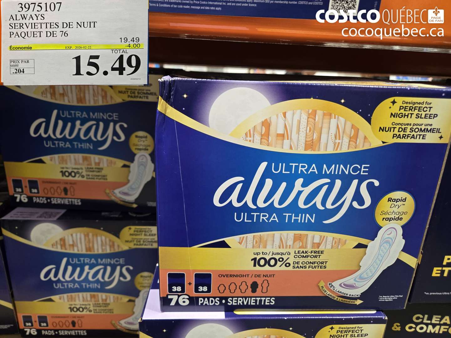 3975107 ALWAYS SERVIETTES DE NUIT PAQUET DE 76 ($4.00 INSTANT SAVINGS EXPIRES ON 2026-02-22) $15.49