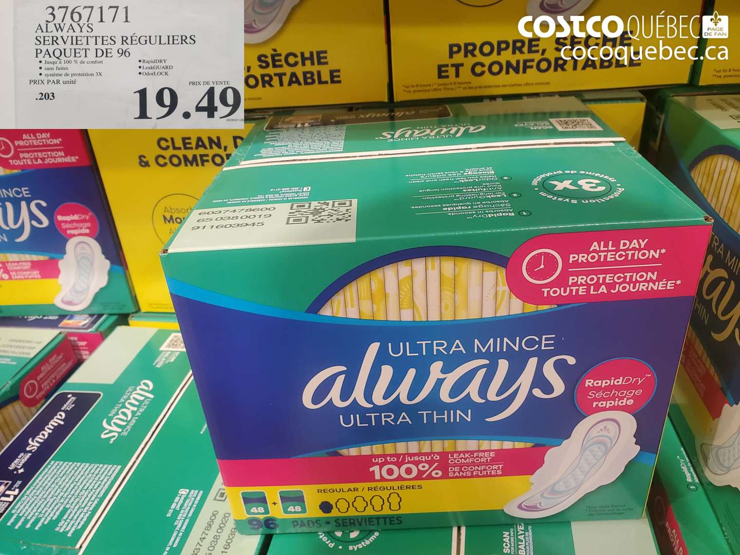 3767171 ALWAYS SERVIETTES RÉGULIERS PAQUET DE 96 $19.49