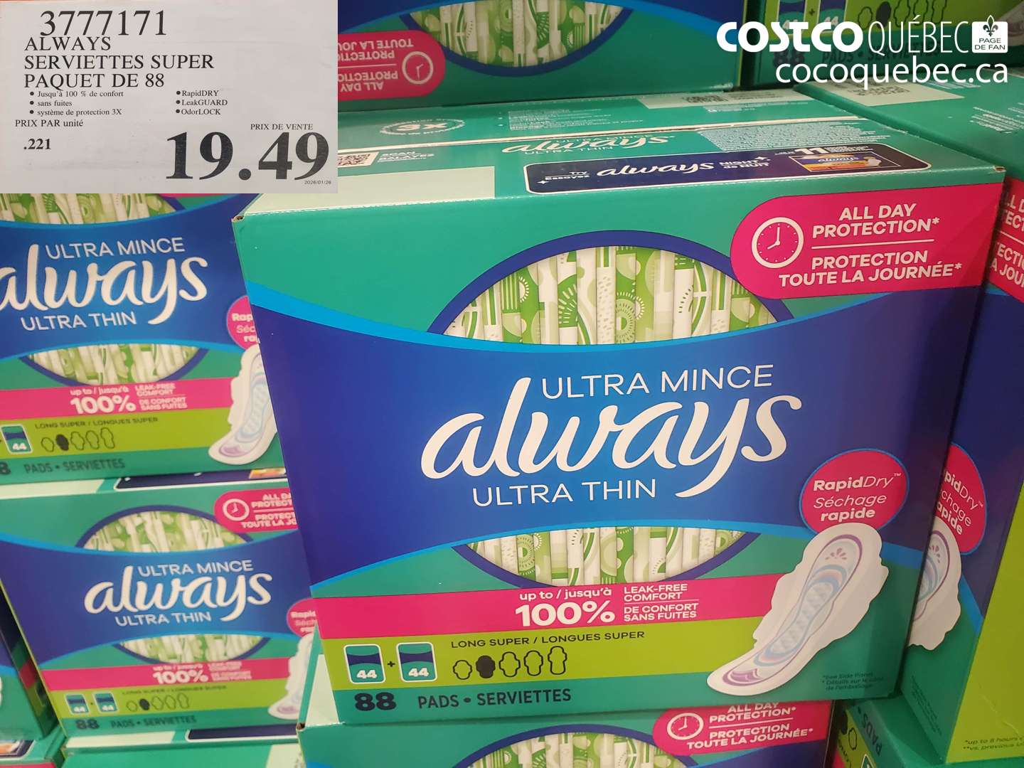 3777171 ALWAYS SERVIETTES SUPER PAQUET DE 88 $19.49