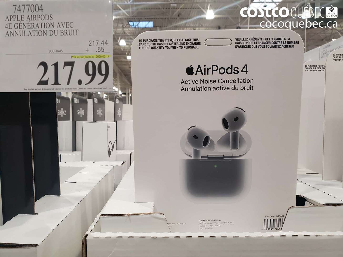 7477004 APPLE AIRPODS 4E GÉNÉRATION AVEC ANNULATION DU BRUIT (EXPIRES ON 2026-02-19) $217.99