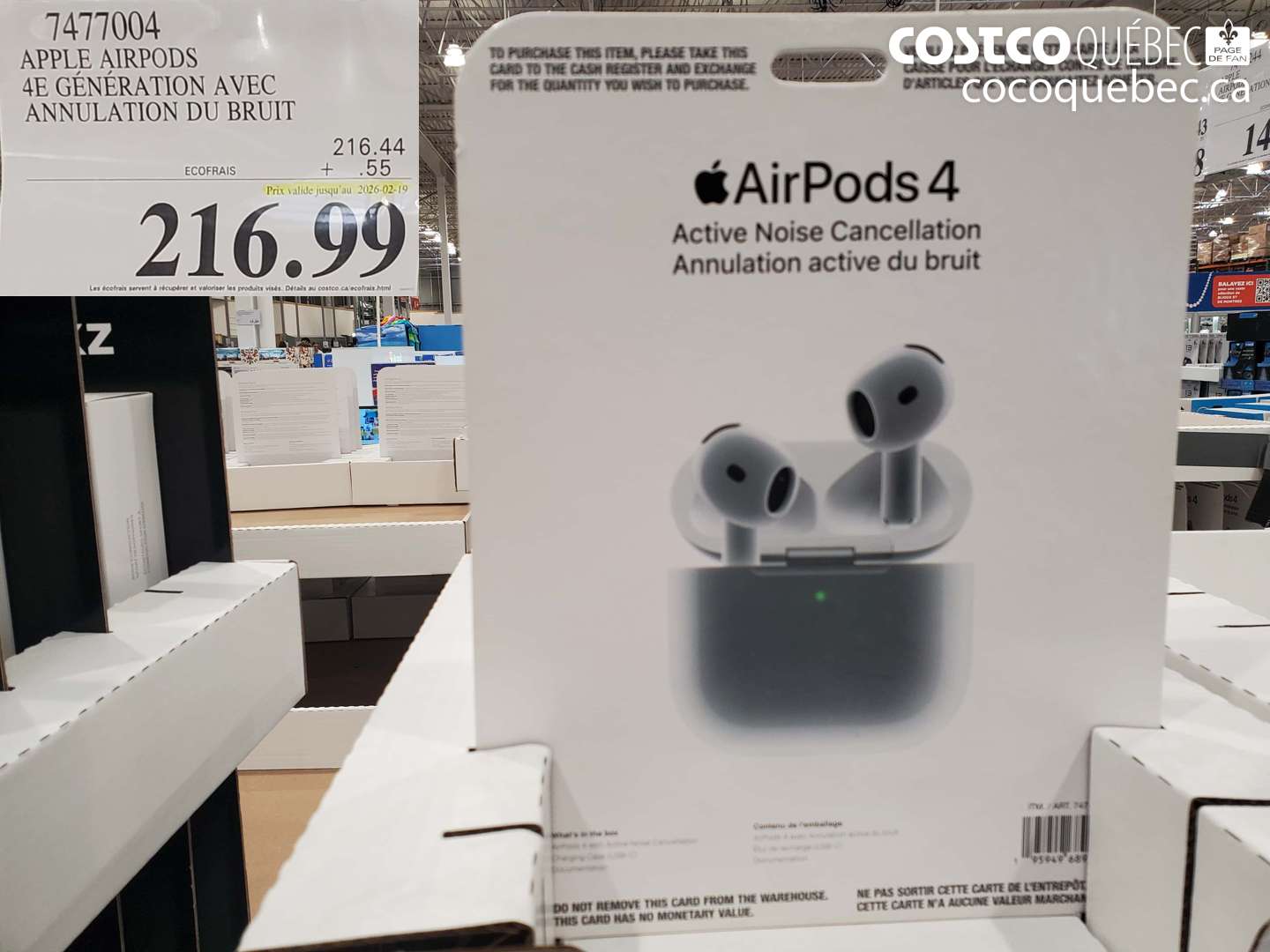 7477004 APPLE AIRPODS 4E GÉNÉRATION AVEC ANNULATION DU BRUIT (EXPIRES ON 2026-02-19) $216.99
