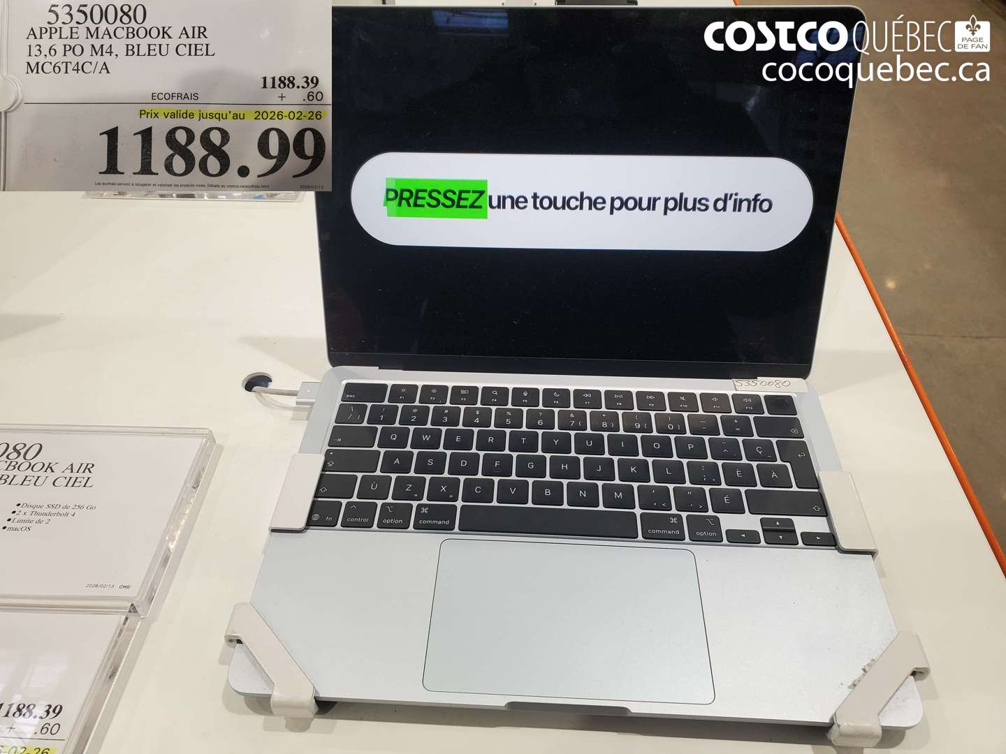 5350080 APPLE MACBOOK AIR 13,6 PO M4, BLEU CIEL MC6T4C/A (EXPIRES ON 2026-02-26) $1188.99