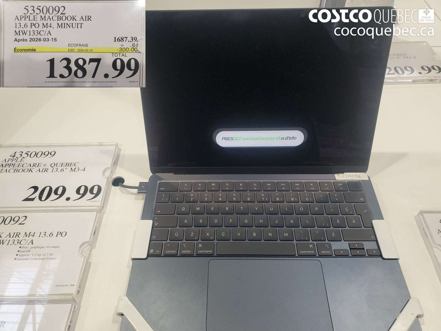 5350092 APPLE MACBOOK AIR 13,6 PO M4, MINUIT MW133C/A ($300.00 INSTANT SAVINGS EXPIRES ON 2026-03-15) $1387.99