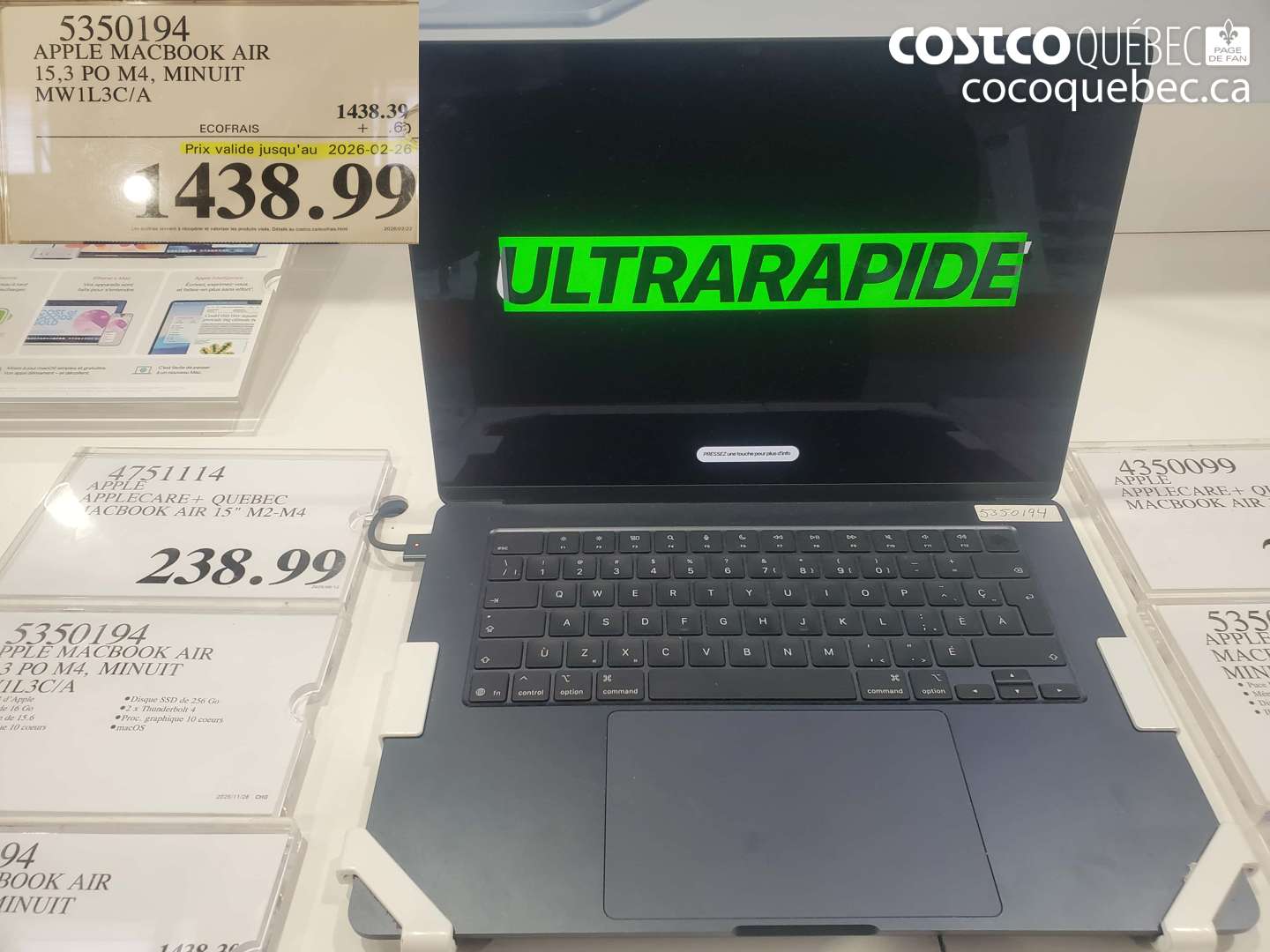 5350194 APPLE MACBOOK AIR 15,3 PO M4, MINUIT MW1L13C/A (EXPIRES ON 2026-02-26) $1438.99