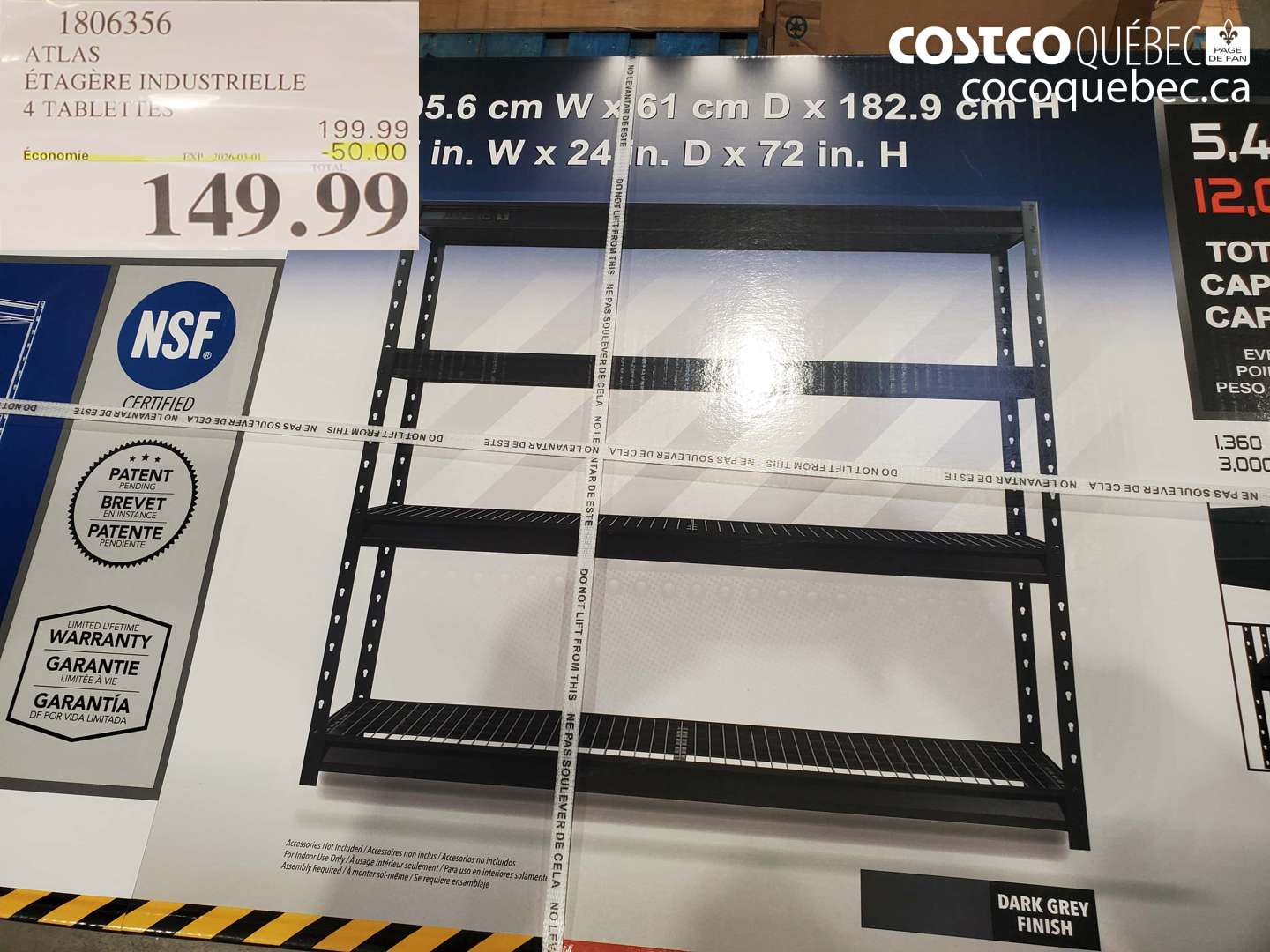 1806356 ATLAS ÉTAGÈRE INDUSTRIELLE 4 TABLETTES ($50.00 INSTANT SAVINGS EXPIRES ON 2026-03-01) $149.99