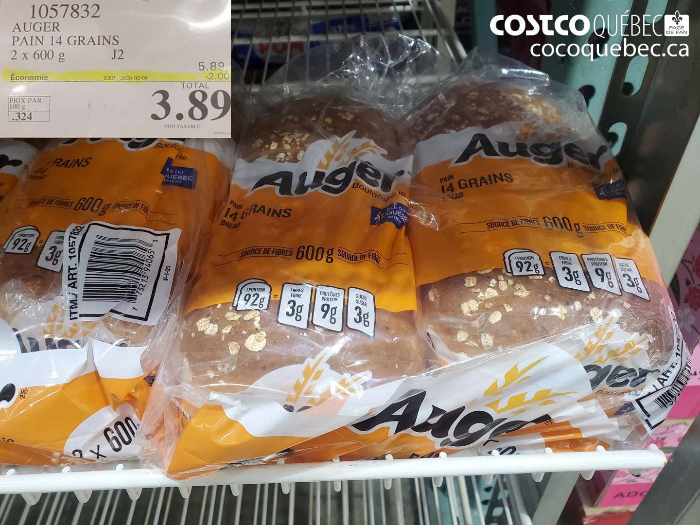 1057832 AUGER PAIN 14 GRAINS 2 x 600 g ($2.00 INSTANT SAVINGS EXPIRES ON 2026-02-08) $3.89