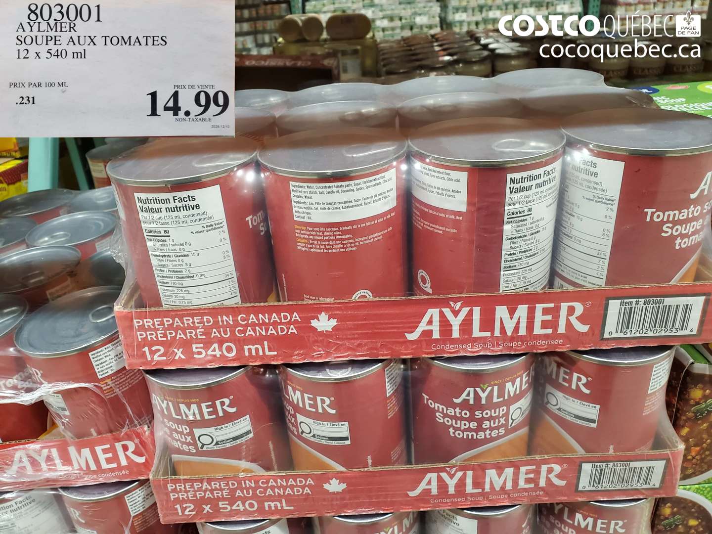 803001 AYLMER SOUPE AUX TOMATES 12 x 540 ml $14.99