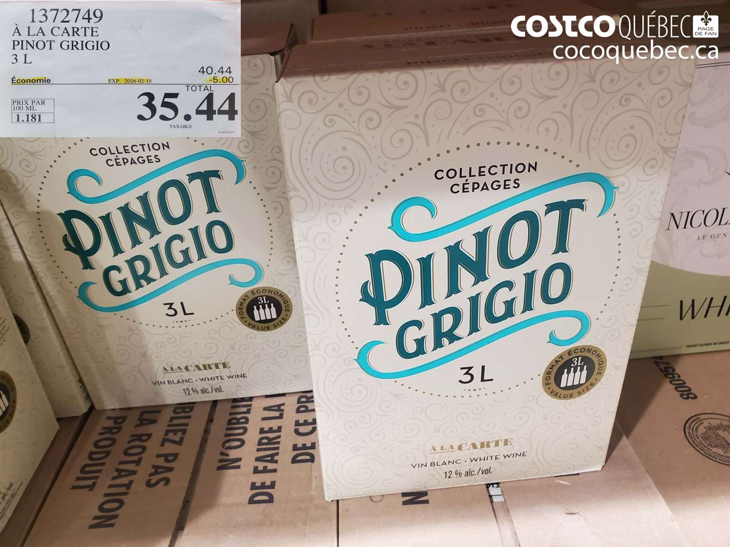 1372749 À LA CARTE PINOT GRIGIO 3 L ($5.00 INSTANT SAVINGS EXPIRES ON 2026-02-15) $35.44