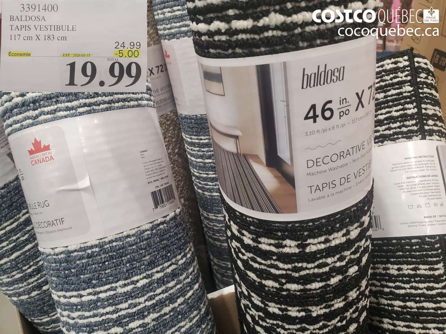 3391400 BALDOSA TAPIS VESTIBULE 117 CM X 183 CM ($5.00 INSTANT SAVINGS EXPIRES ON 2026-03-15) $19.99
