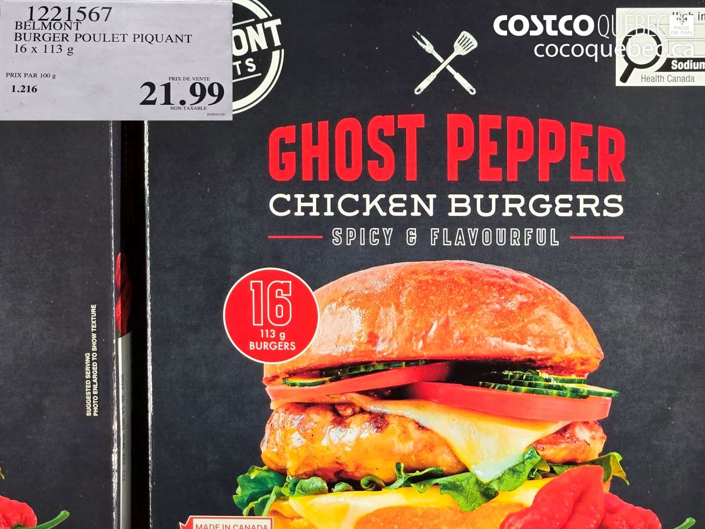 1221567 BELMONT BURGER POULET PIQUANT 16 x 113 g $21.99