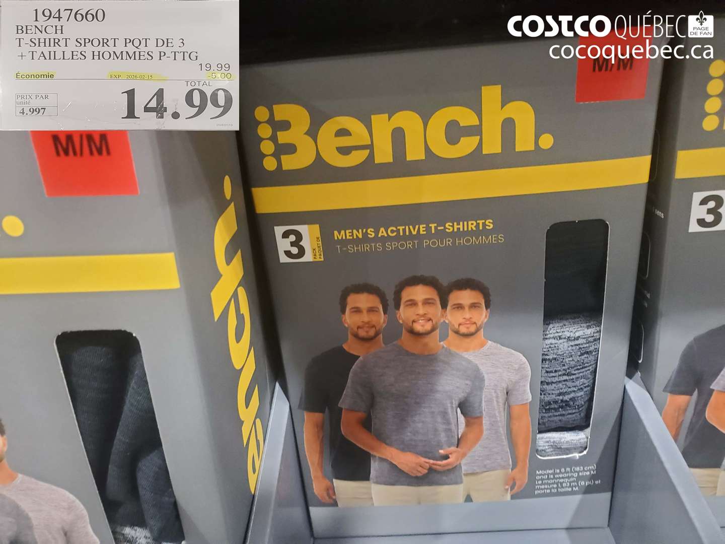 1947660 BENCH T-SHIRT SPORT PQT DE 3 + TAILLES HOMMES P-PTG ($5.00 INSTANT SAVINGS EXPIRES ON 2026-02-15) $14.99