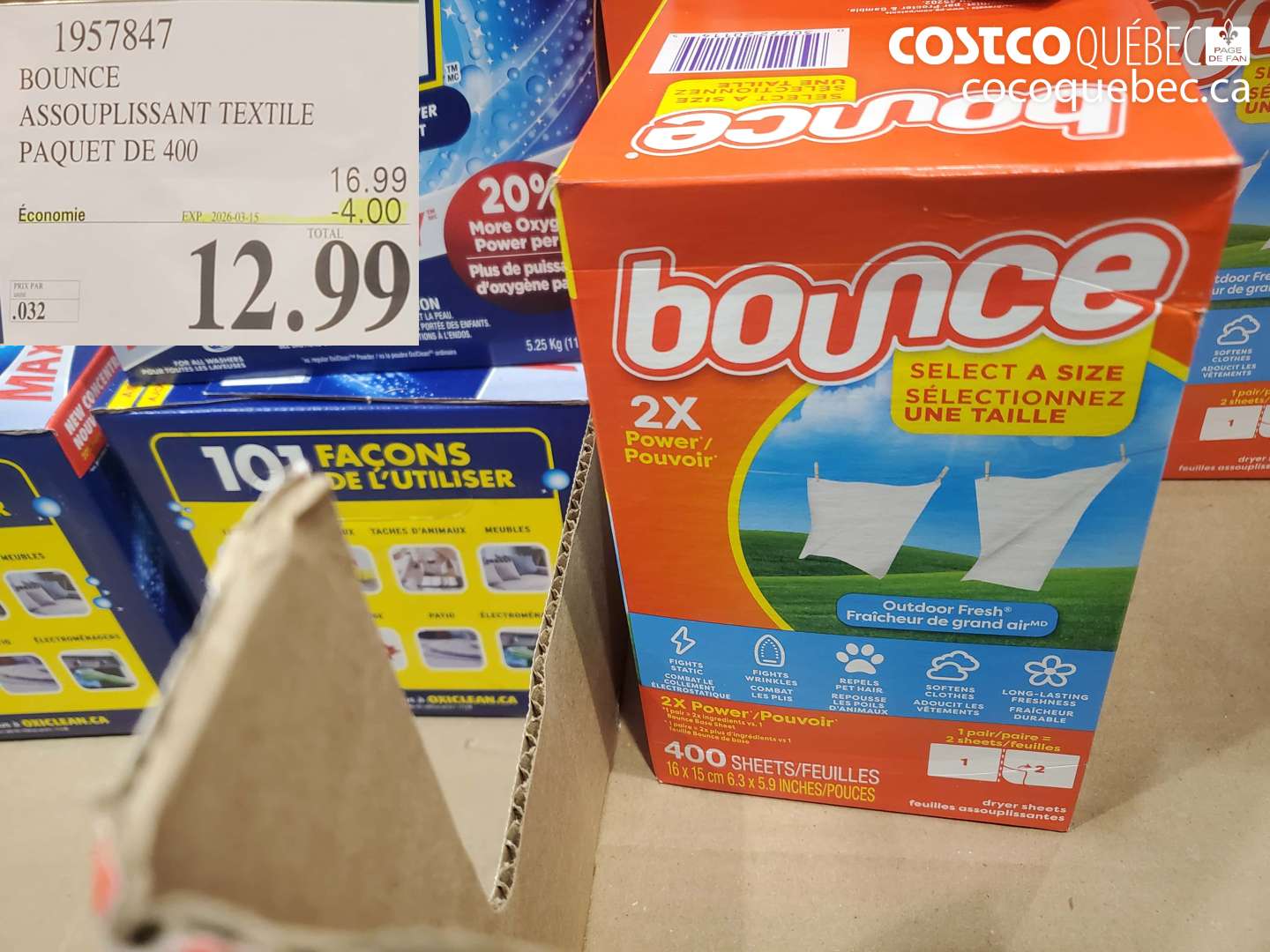 1957847 BOUNCE ASSOUPLISSANT TEXTILE PAQUET DE 400 ($4.00 INSTANT SAVINGS EXPIRES ON 2026-03-15) $12.99