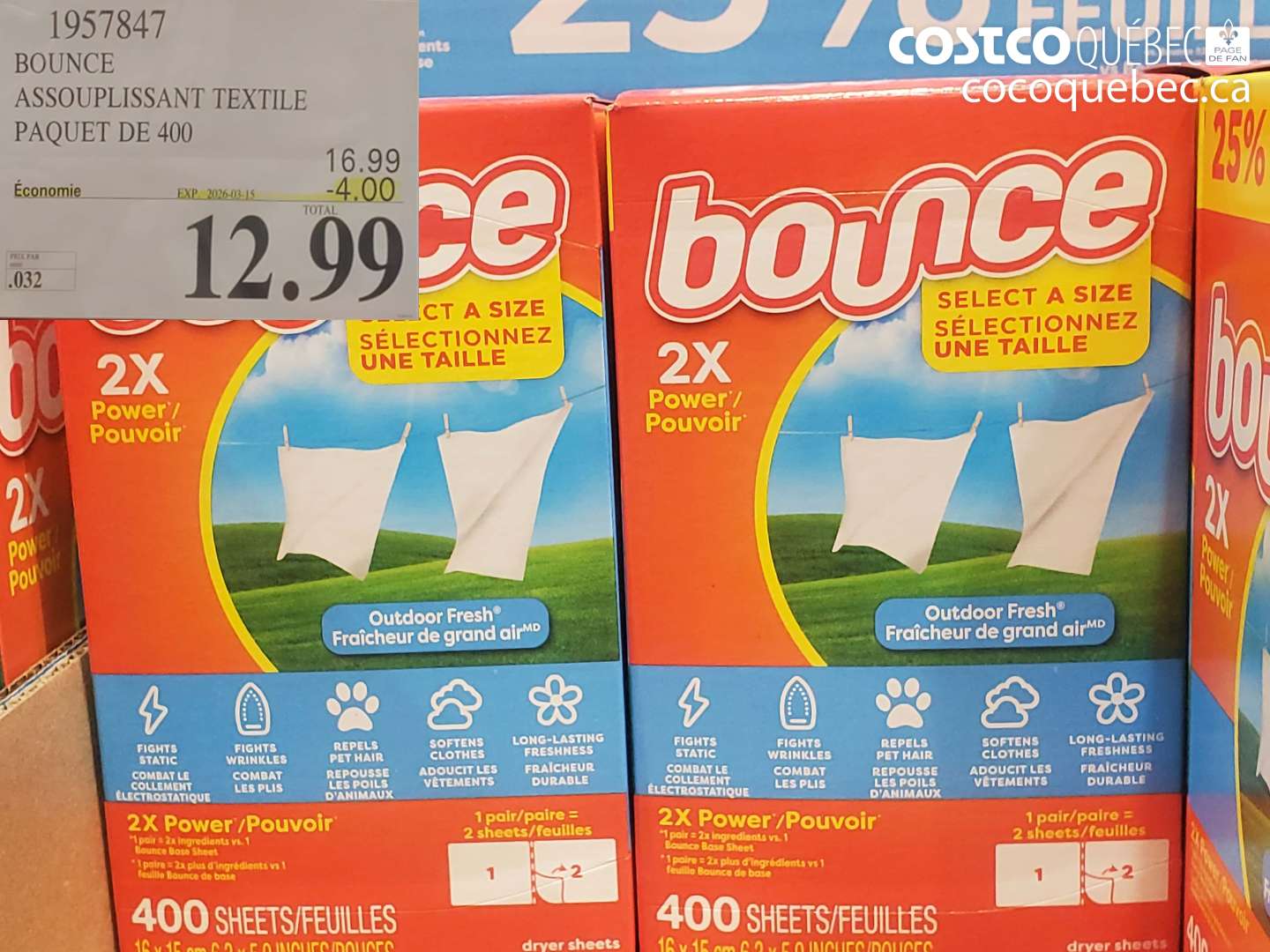 1957847 BOUNCE ASSOUPLISSANT TEXTILE PAQUET DE 400 ($4.00 INSTANT SAVINGS EXPIRES ON 2026-03-15) $12.99