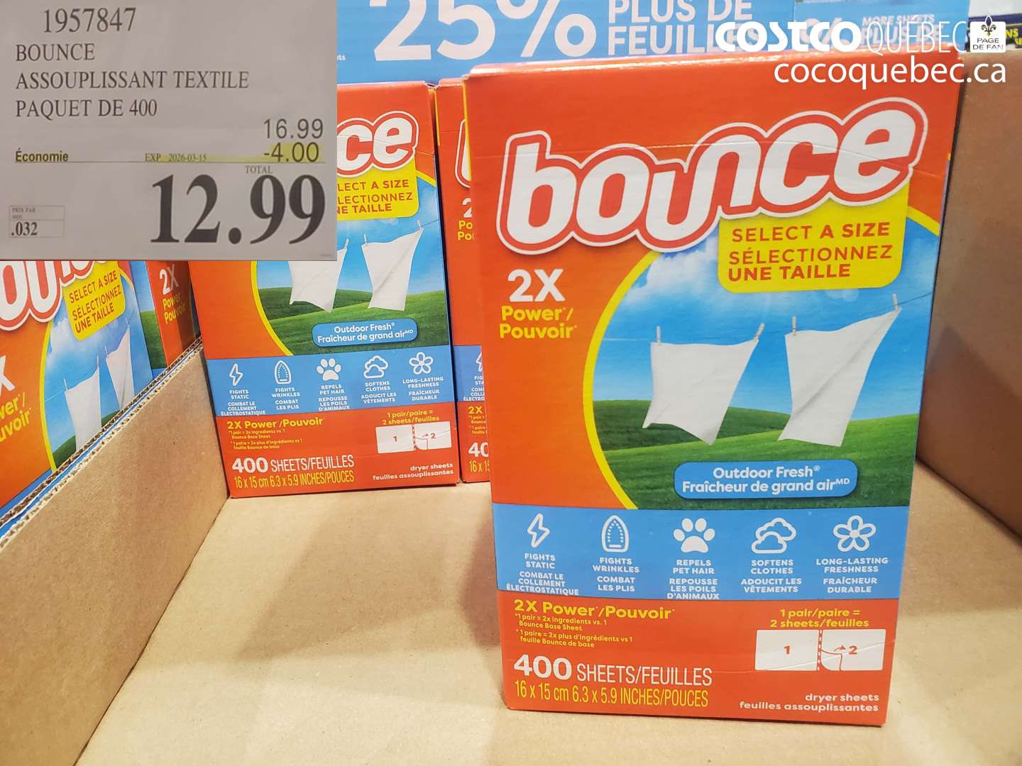 1957847 BOUNCE ASSOUPLISSANT TEXTILE PAQUET DE 400 ($4.00 INSTANT SAVINGS EXPIRES ON 2026-03-15) $12.99