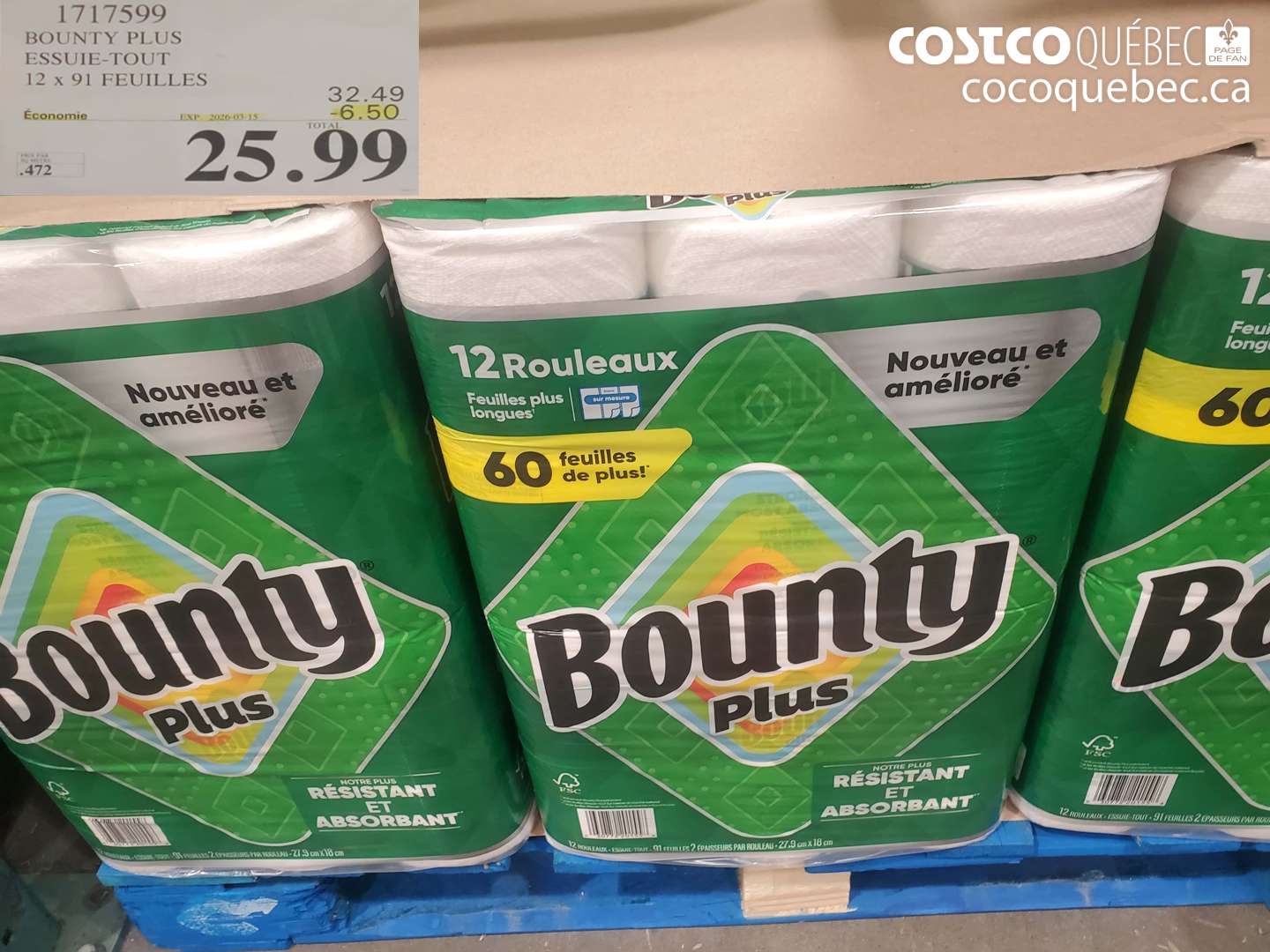 1717599 BOUNTY PLUS ESSUIE-TOUT 12 X 91 FEUILLES ($6.50 INSTANT SAVINGS EXPIRES ON 2026-03-15) $25.99