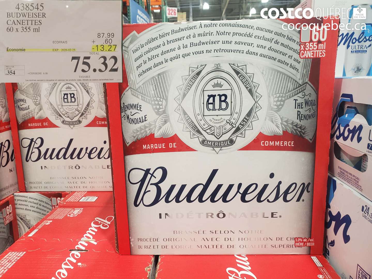 438545 BUDWEISER CANETTES 60 X 355 ML ($13.27 INSTANT SAVINGS EXPIRES ON 2026-02-25) $75.32