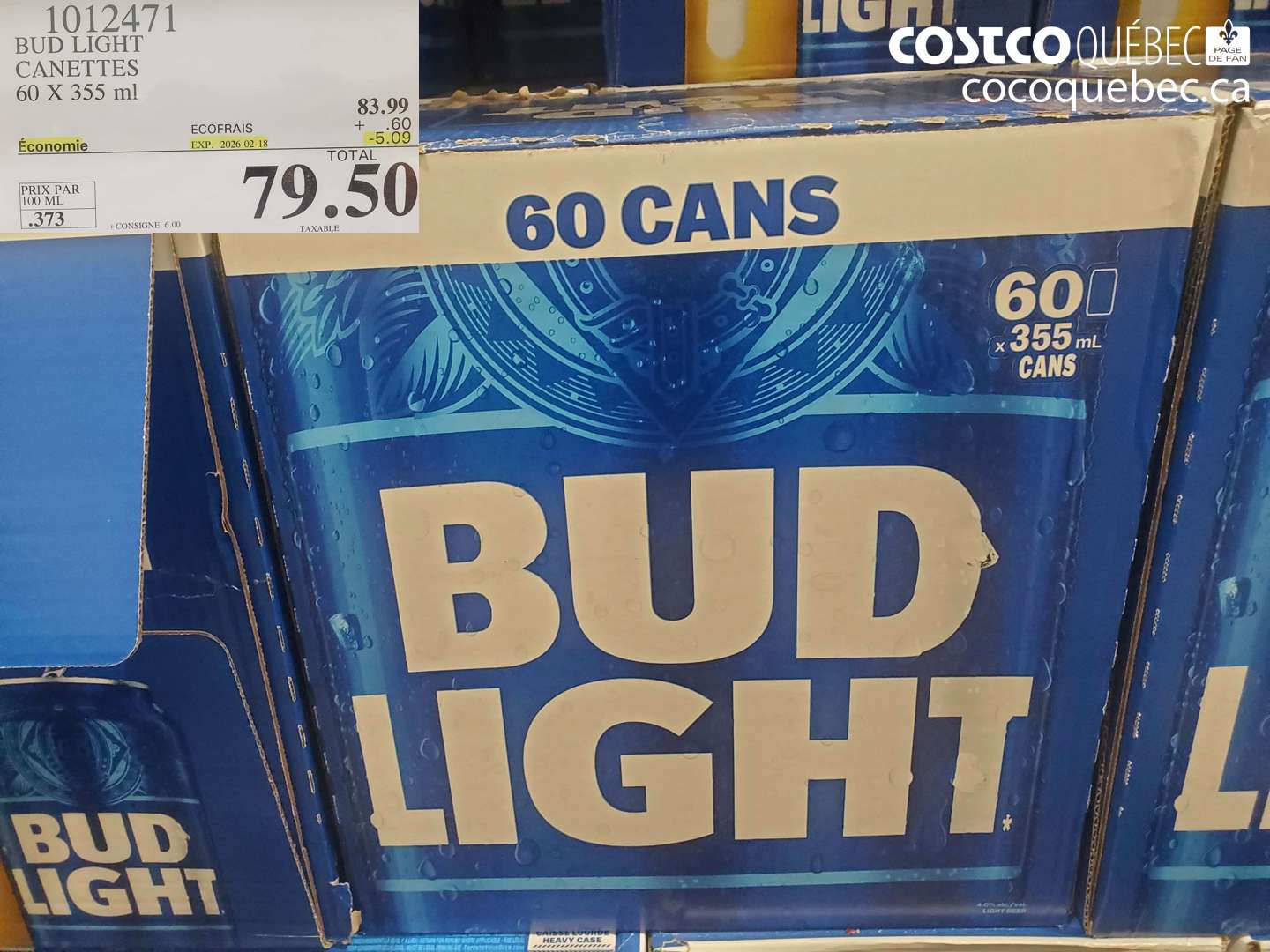 1012471 BUD LIGHT CANETTES 60 X 355 ml ($5.09 INSTANT SAVINGS EXPIRES ON 2026-02-18) $79.50