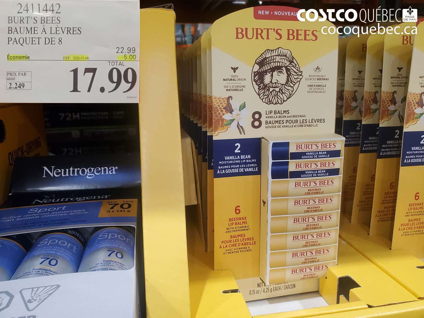 2411442 BURT'S BEES BAUME À LÈVRES PAQUET DE 8 ($5.00 INSTANT SAVINGS EXPIRES ON 2026-03-08) $17.99