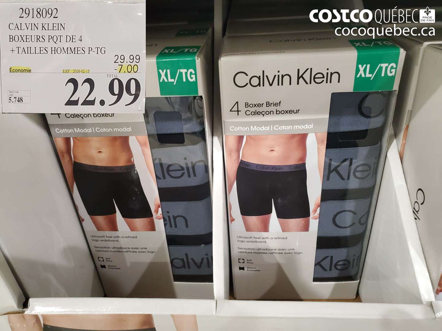 2918092 CALVIN KLEIN BOXEURS PQT DE 4 +TAILLES HOMMES P-TG ($7.00 INSTANT SAVINGS EXPIRES ON 2026-02-15) $22.99