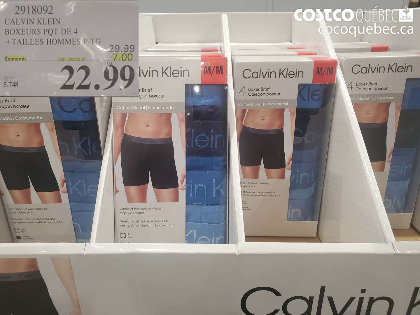 2918092 CALVIN KLEIN BOXEURS PQT DE 4 + TAILLES HOMMES P-TG ($7.00 INSTANT SAVINGS EXPIRES ON 2026-02-15) $22.99