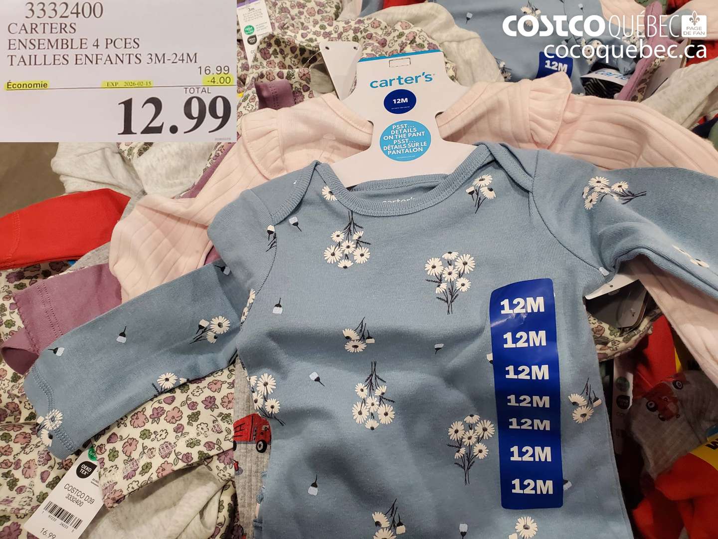 3332400 CARTERS ENSEMBLE 4 PCES TAILLES ENFANTS 3M-24M ($4.00 INSTANT SAVINGS EXPIRES ON 2026-02-15) $12.99