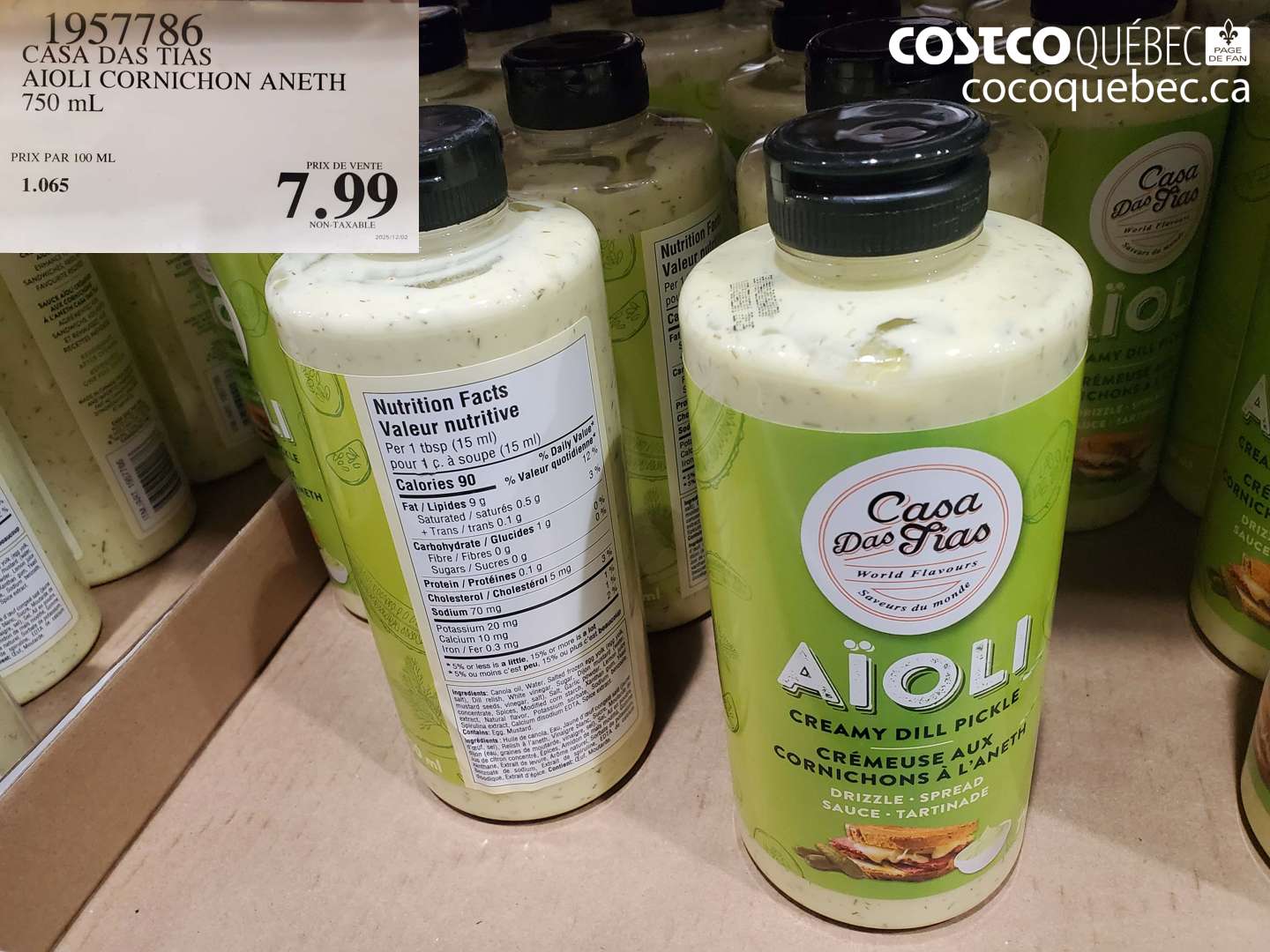 1957786 CASA DAS TIAS AIOLI CORNICHON ANETH 750 ml $7.99