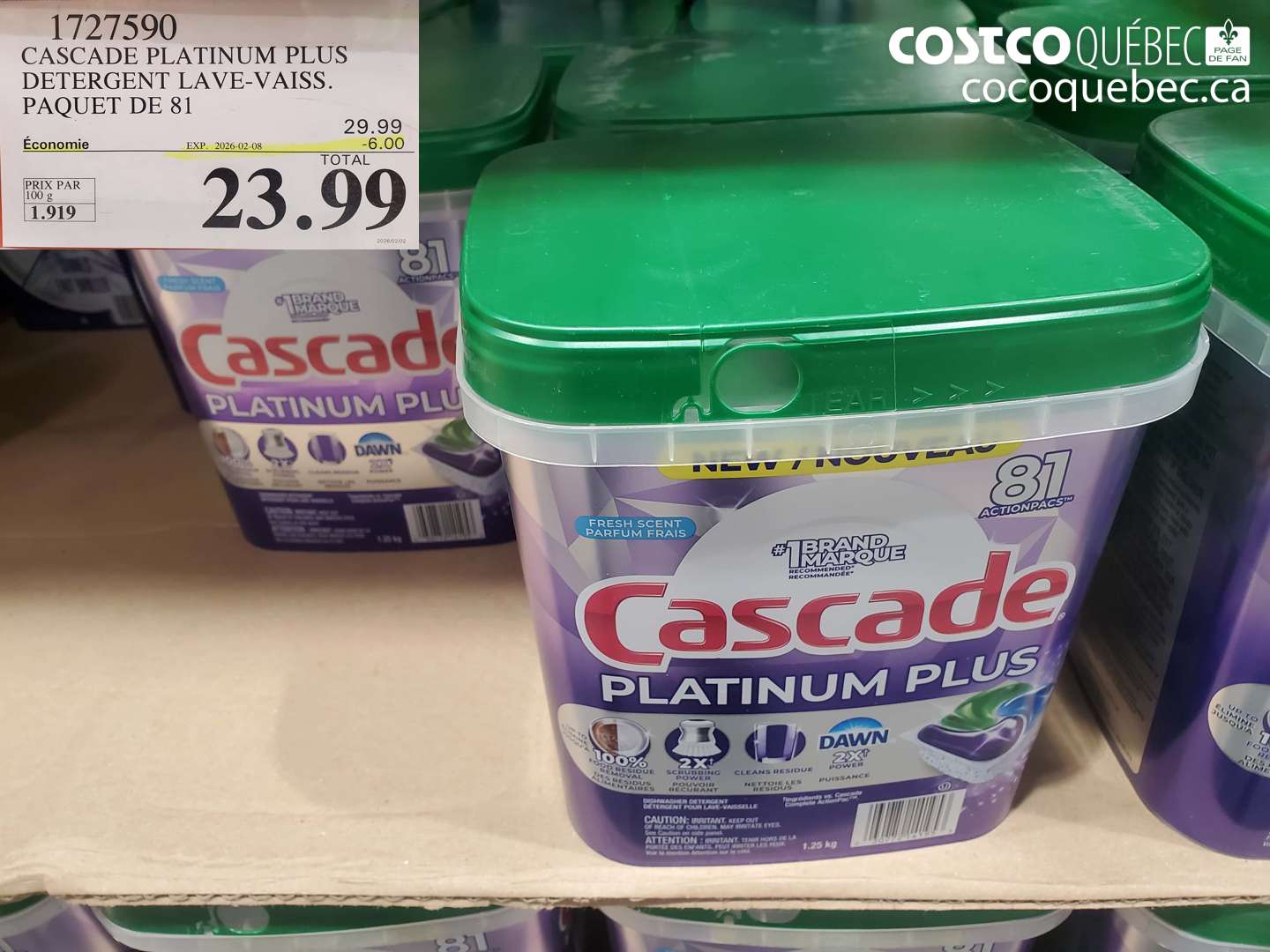 1727590 CASCADE PLATINUM PLUS DETERGENT LAVE-VAISS. PAQUET DE 81 ($6.00 INSTANT SAVINGS EXPIRES ON 2026-02-08) $23.99