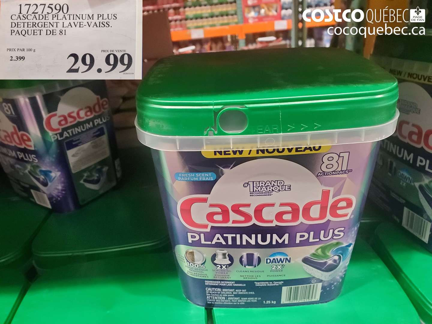 1727590 CASCADE PLATINUM PLUS DETERGENT LAVE-VAIS. PAQUET DE 81 $29.99