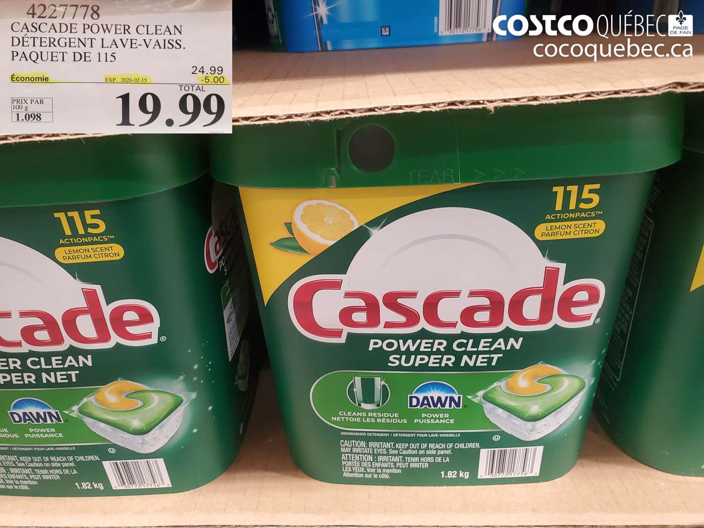 4227778 CASCADE POWER CLEAN DÉTERGENT LAVE-VAISS. PAQUET DE 115 ($5.00 INSTANT SAVINGS EXPIRES ON 2026-02-15) $19.99