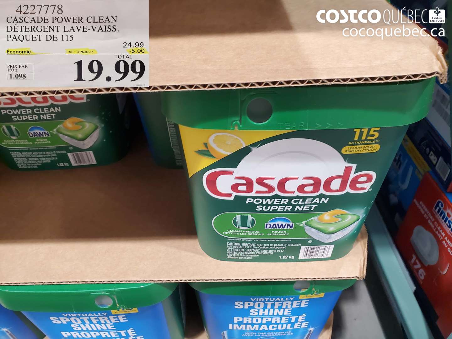 4227778 CASCADE POWER CLEAN DÉTERGENT LAVE-VAISS. PAQUET DE 115 ($5.00 INSTANT SAVINGS EXPIRES ON 2026-02-15) $19.99