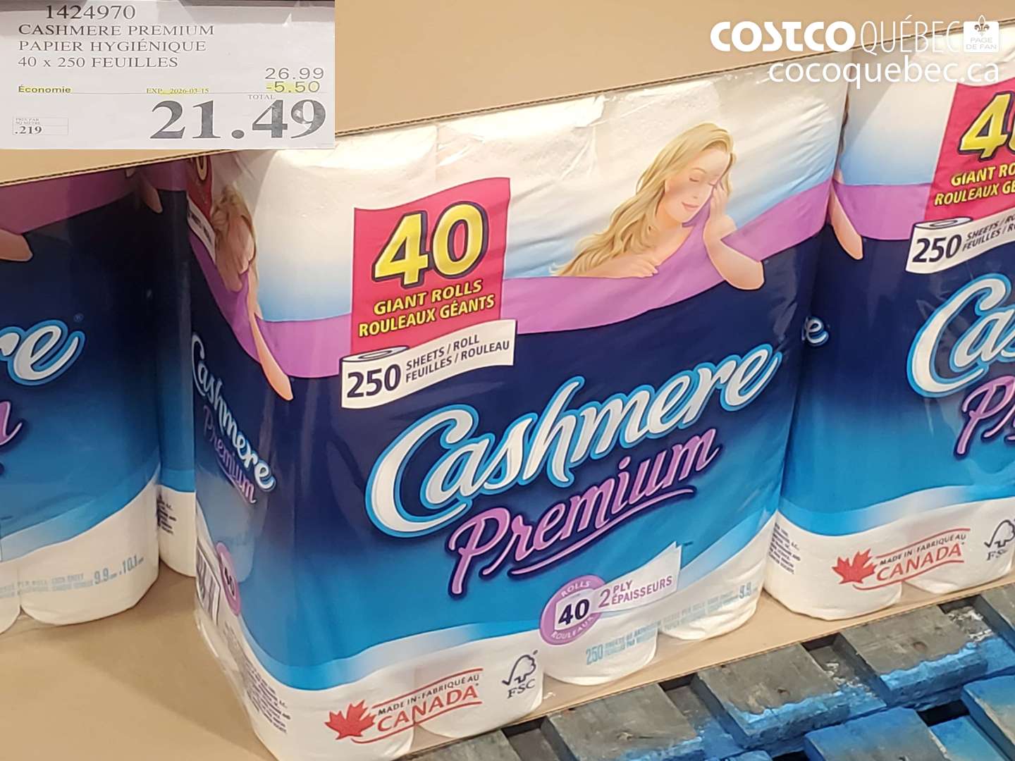 1424970 CASHMERE PREMIUM PAPIER HYGIÉNIQUE 40 X 250 FEUILLES ($5.50 INSTANT SAVINGS EXPIRES ON 2026-03-15) $21.49