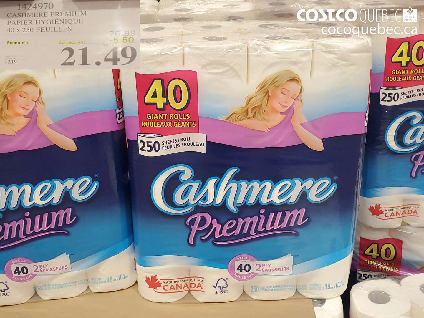1424970 CASHMERE PREMIUM PAPIER HYGIÉNIQUE 40 x 250 FEUILLES ($5.50 INSTANT SAVINGS EXPIRES ON 2026-03-15) $21.49